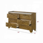 Dimensional view of transitional brown dresser with 6 drawers, showing measurements and drawer depth for storage capacity.