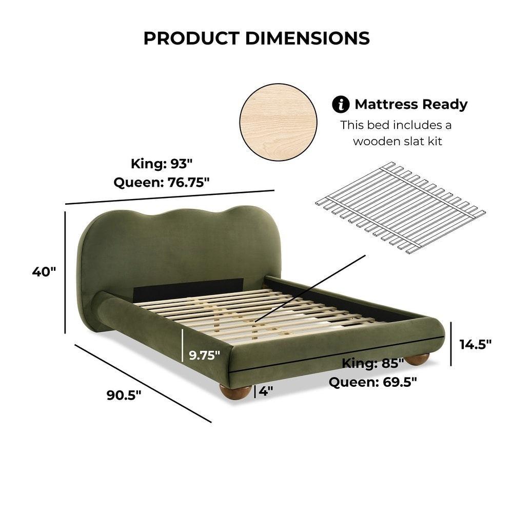 Olive Green Queen Size Bed with Boucle Upholstery.