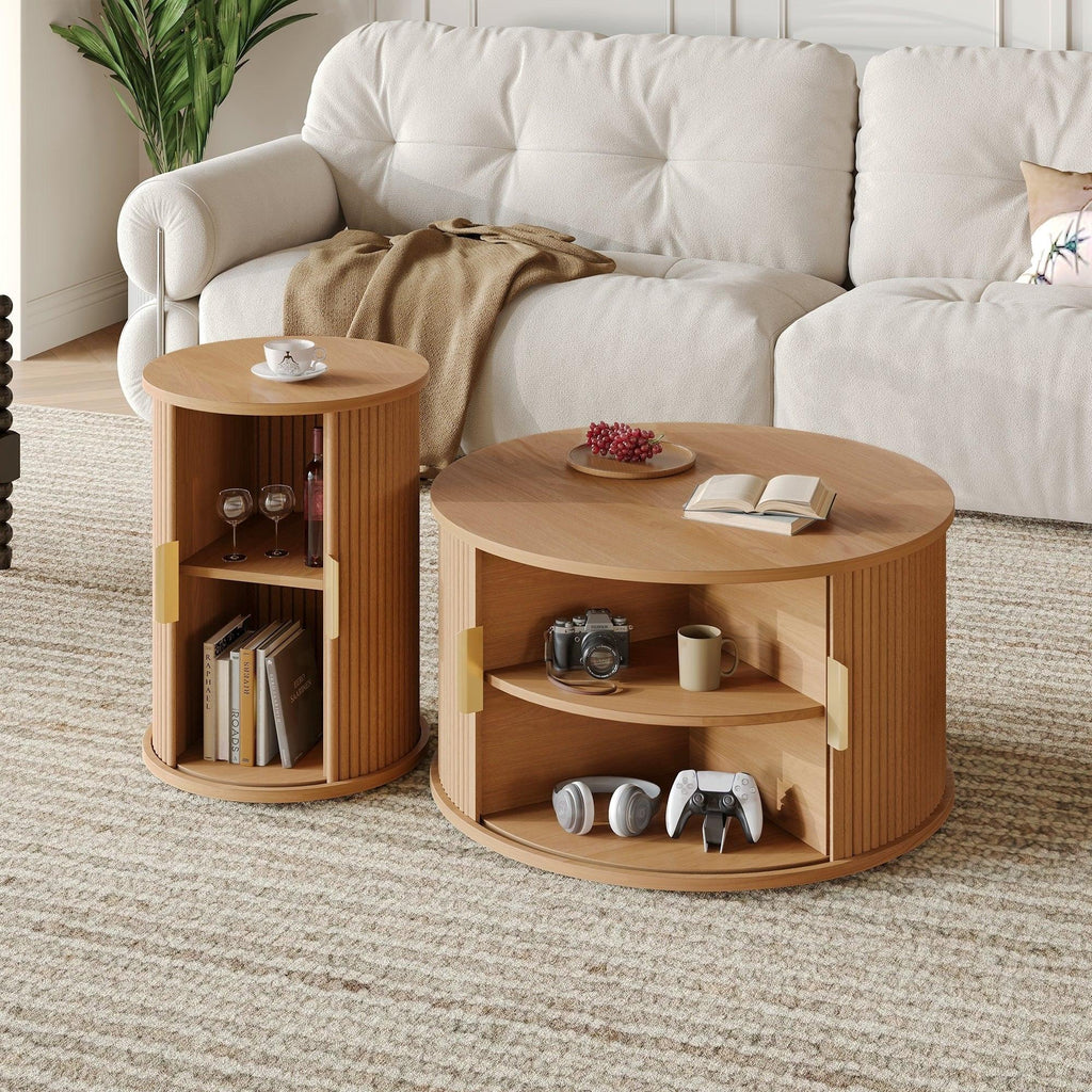 [Assembly Video]Mid-Century Coffee Table Set with Sliding Tambour Door, Round Fluted End Table With Storage, Golden Handle Tall & Low Side Table with Wooden Finish for Living Room, Set of Two ,Natural.