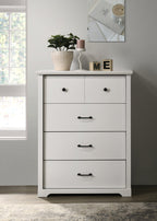 Elara White 4-Drawer Chest with Black Metal Handles.
