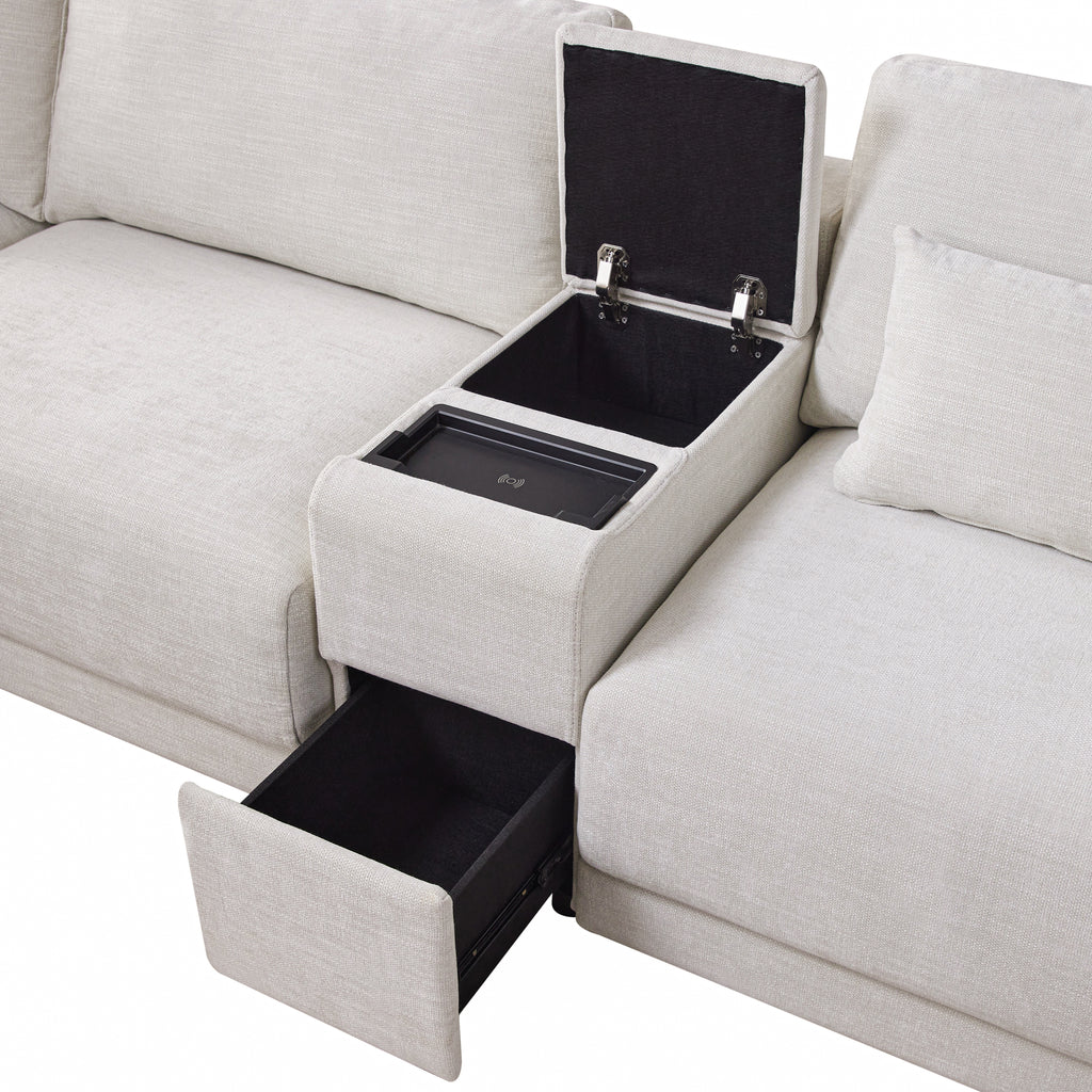 L-Shaped sectional sofa with hidden storage console featuring a lift-top compartment and pull-out drawer for organized living room essentials.