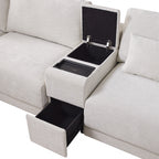L-Shaped sectional sofa with hidden storage console featuring a lift-top compartment and pull-out drawer for organized living room essentials.
