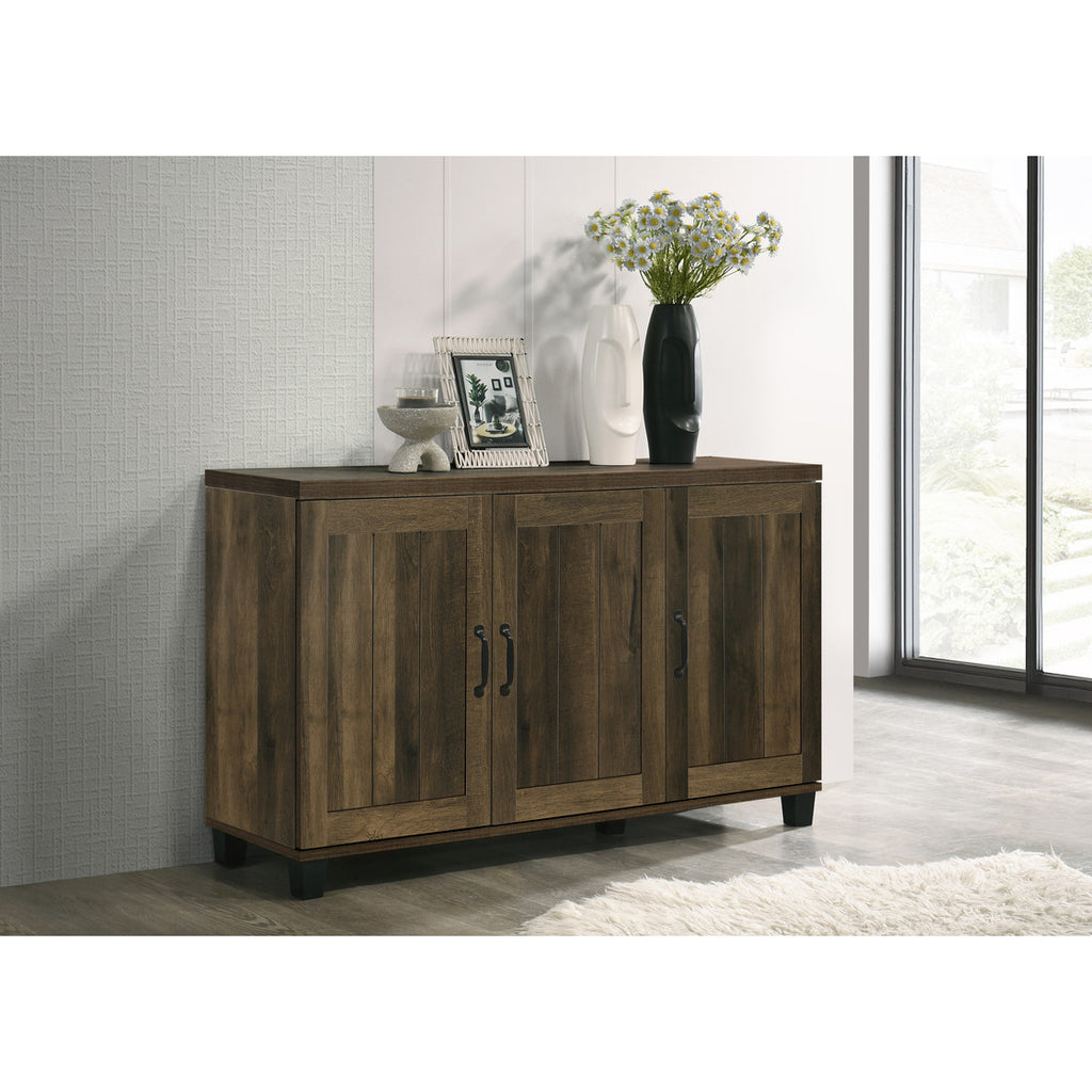 Dark Oak Shoe Cabinet - 45'W 3-Door placed in a modern room setting, showcasing its decorative appeal and functional storage with adjustable shelves.