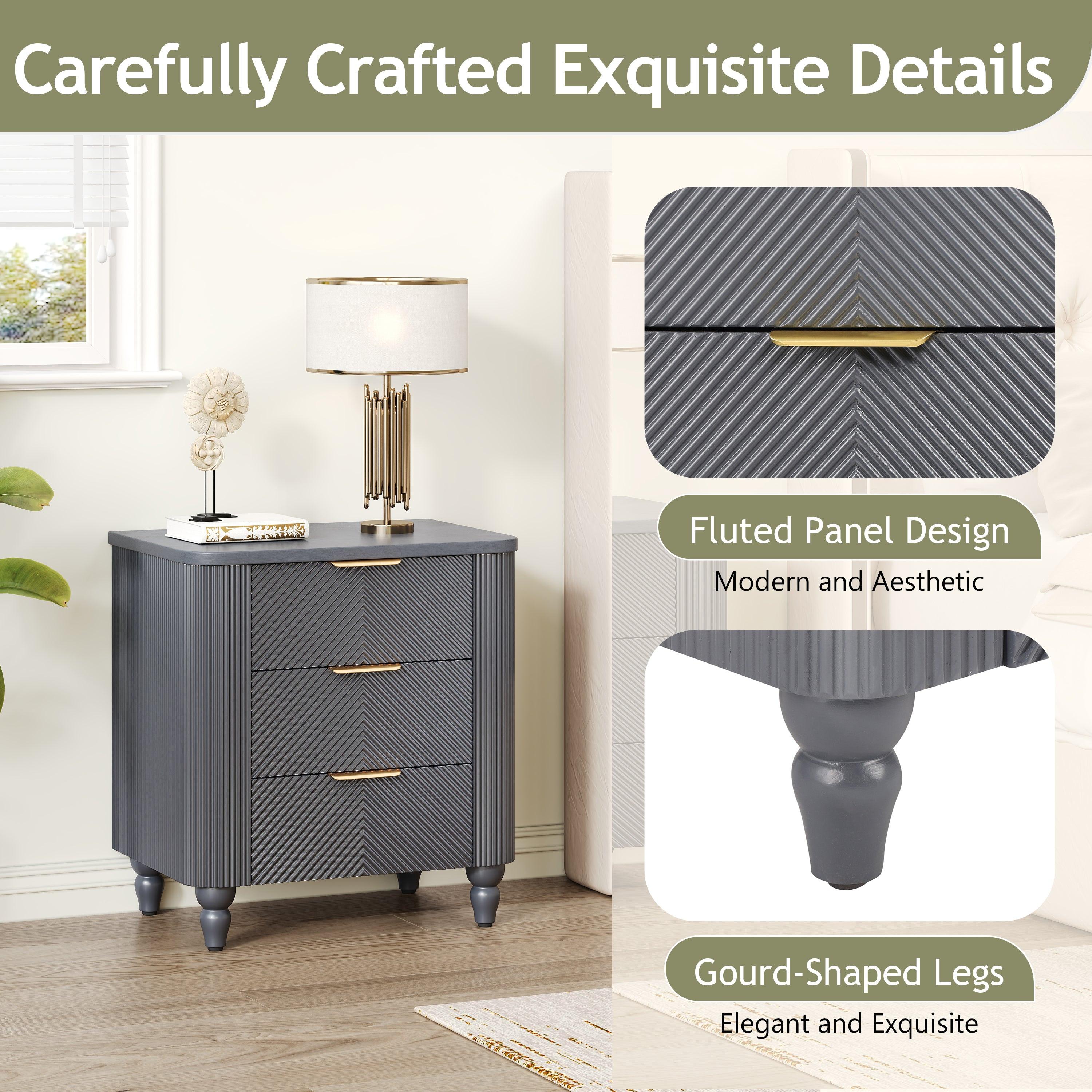 Mid-Century Nightstand with 3 Drawers in Dark Gray.