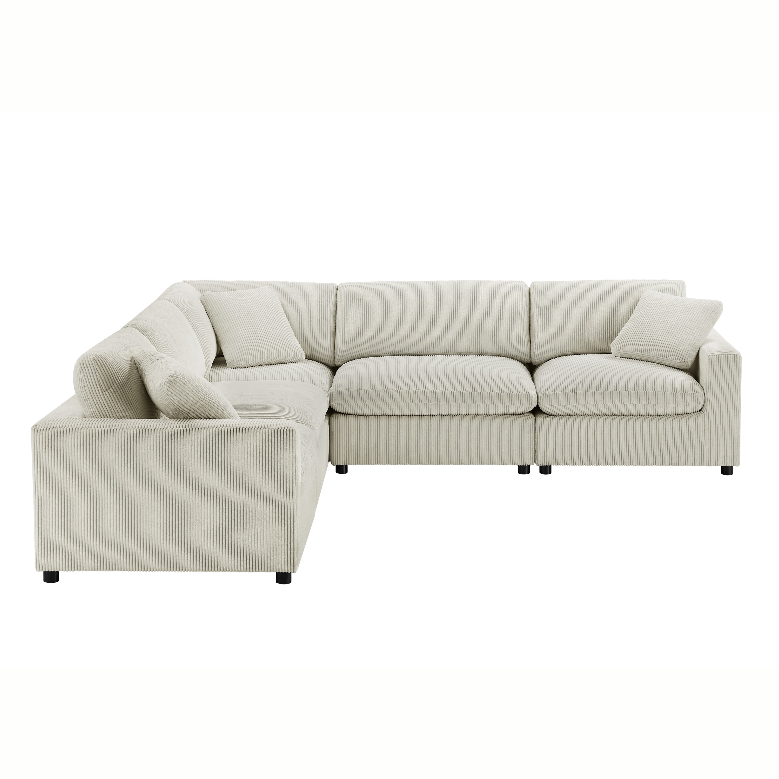 Beige 5-piece modular sectional in plush ribbed polyester with solid wood legs and matching accent pillows.