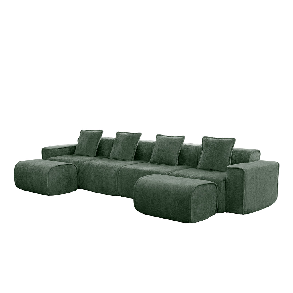 Side view of the Modular Green Sofa with plush velvet seats and ottomans, offering versatile seating for stylish living rooms.