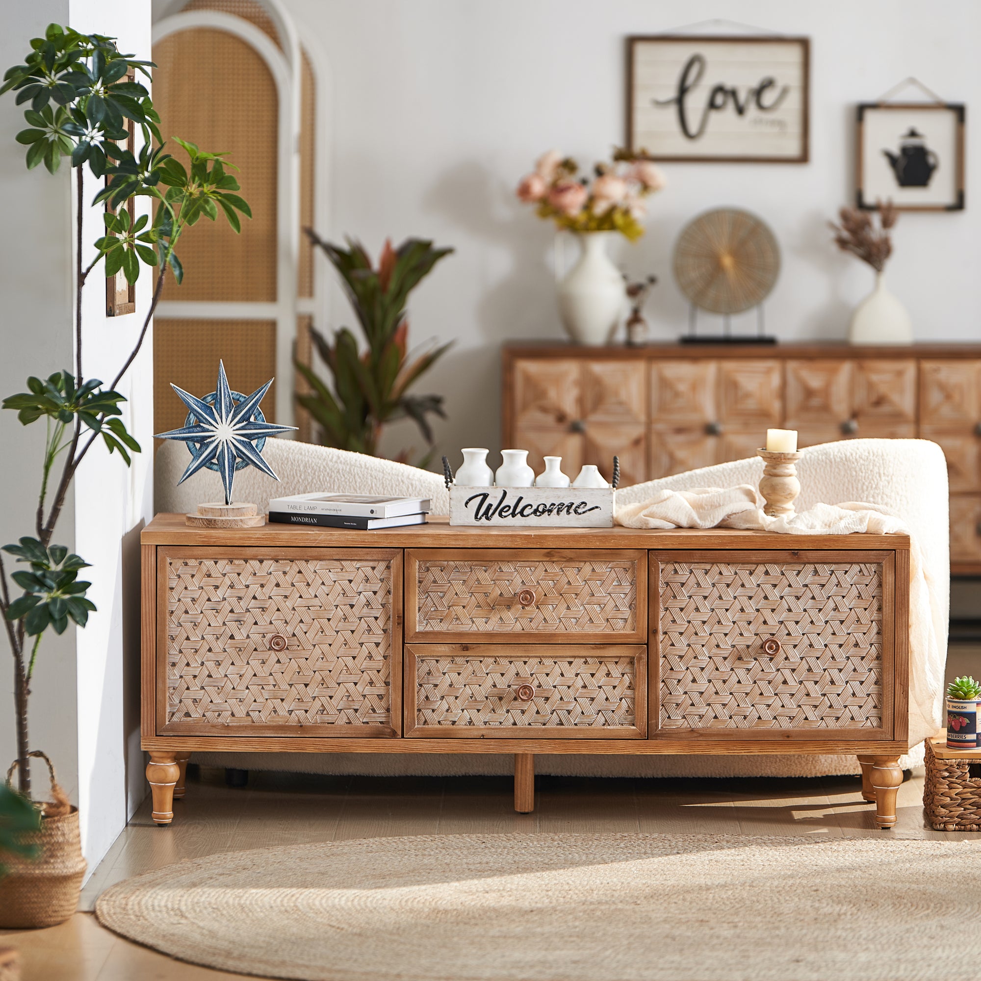 Full room view with the Rattan TV Stand Mid Century with Storage, blending boho charm and mid-century design.