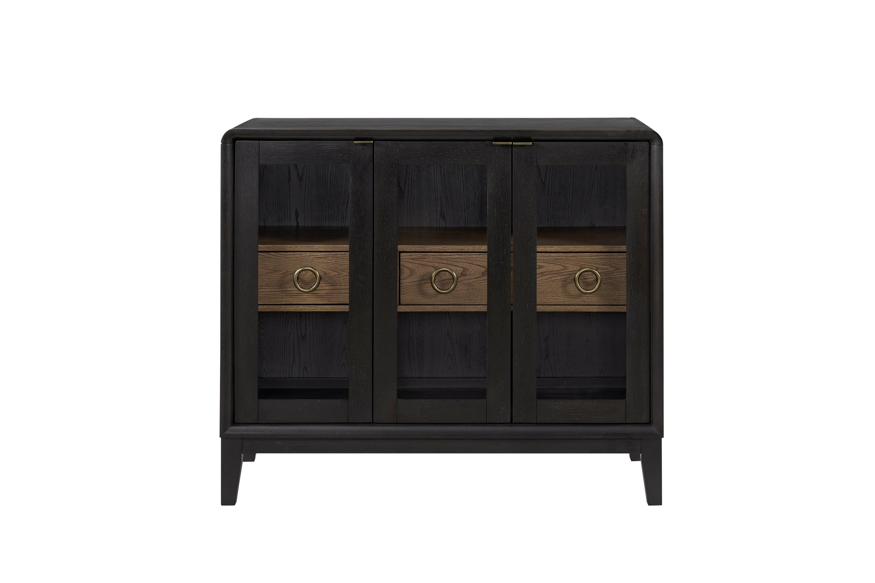 Peppercorn Glass Door Server Furniture - Stylish & Durable with framed glass doors, dual-tone drawers, and sleek black wood finish.