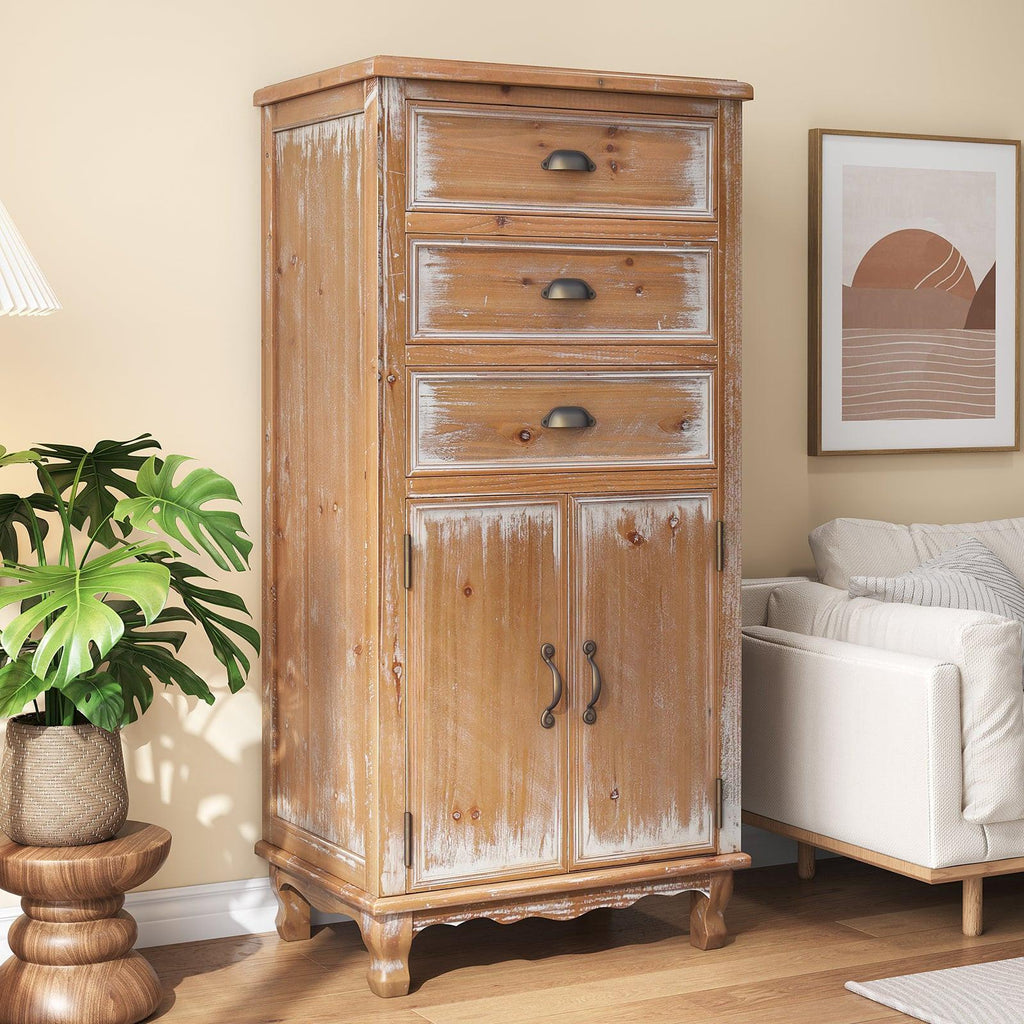Rustic Wooden Storage Cabinet - Narrow Organizer with Drawers.