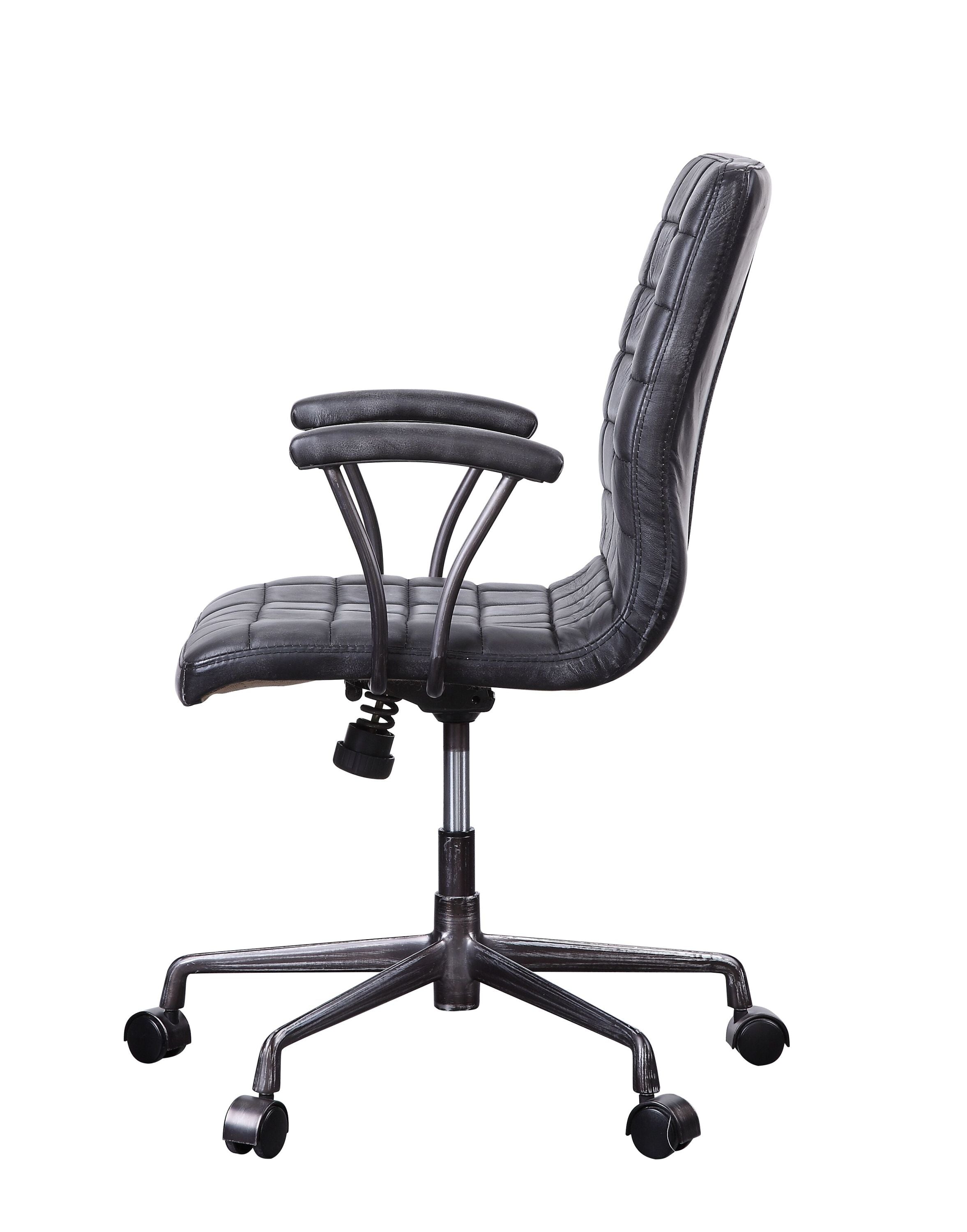 Barack Black Leather Chair - Office Seating side view showing cushioned seat, curved armrests, and five-wheel aluminum base.