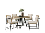Round Oak Dining Table Set featuring a 47-inch oak-finished table and four cream upholstered chairs with black metal frames.