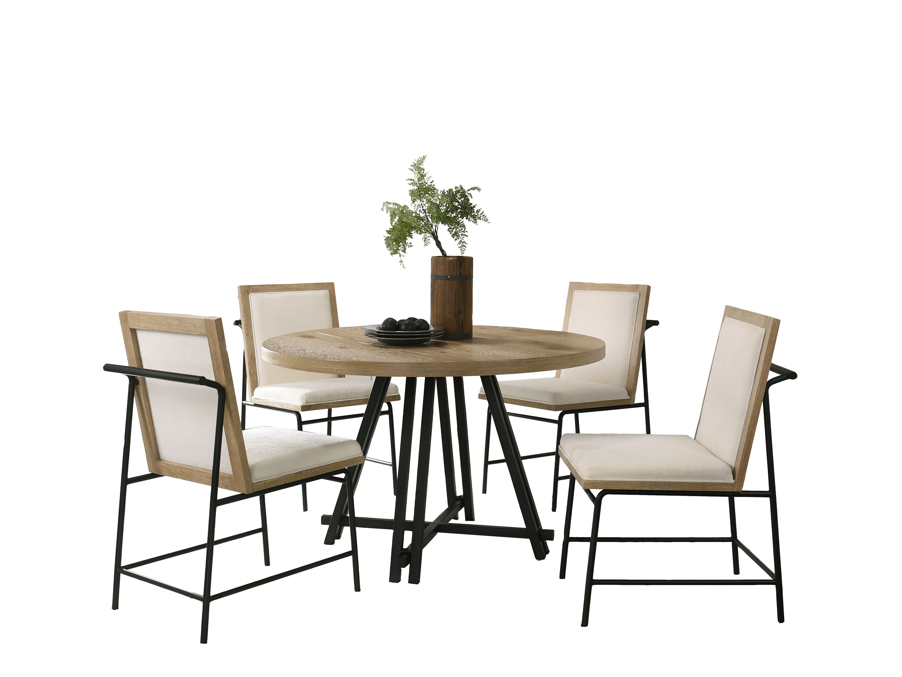 Round Oak Dining Table Set featuring a 47-inch oak-finished table and four cream upholstered chairs with black metal frames.