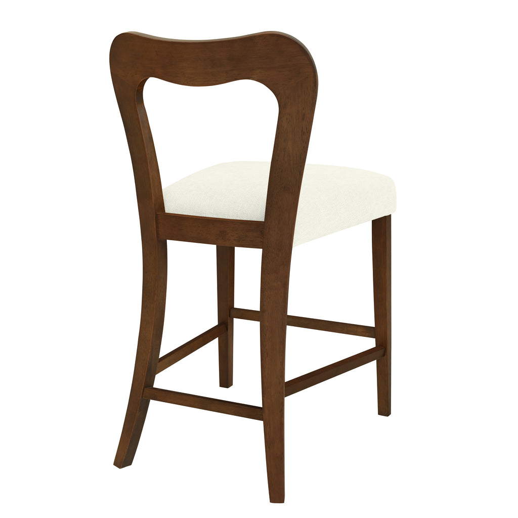 Back view of Counter Height Stool in Walnut+Beige with curved wooden frame and beige upholstered seat. Durable and stylish.