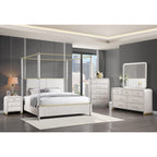 Malco Queen Oak Four Post Bed with Gold Accents and Upholstered Headboard in Rubber Wood