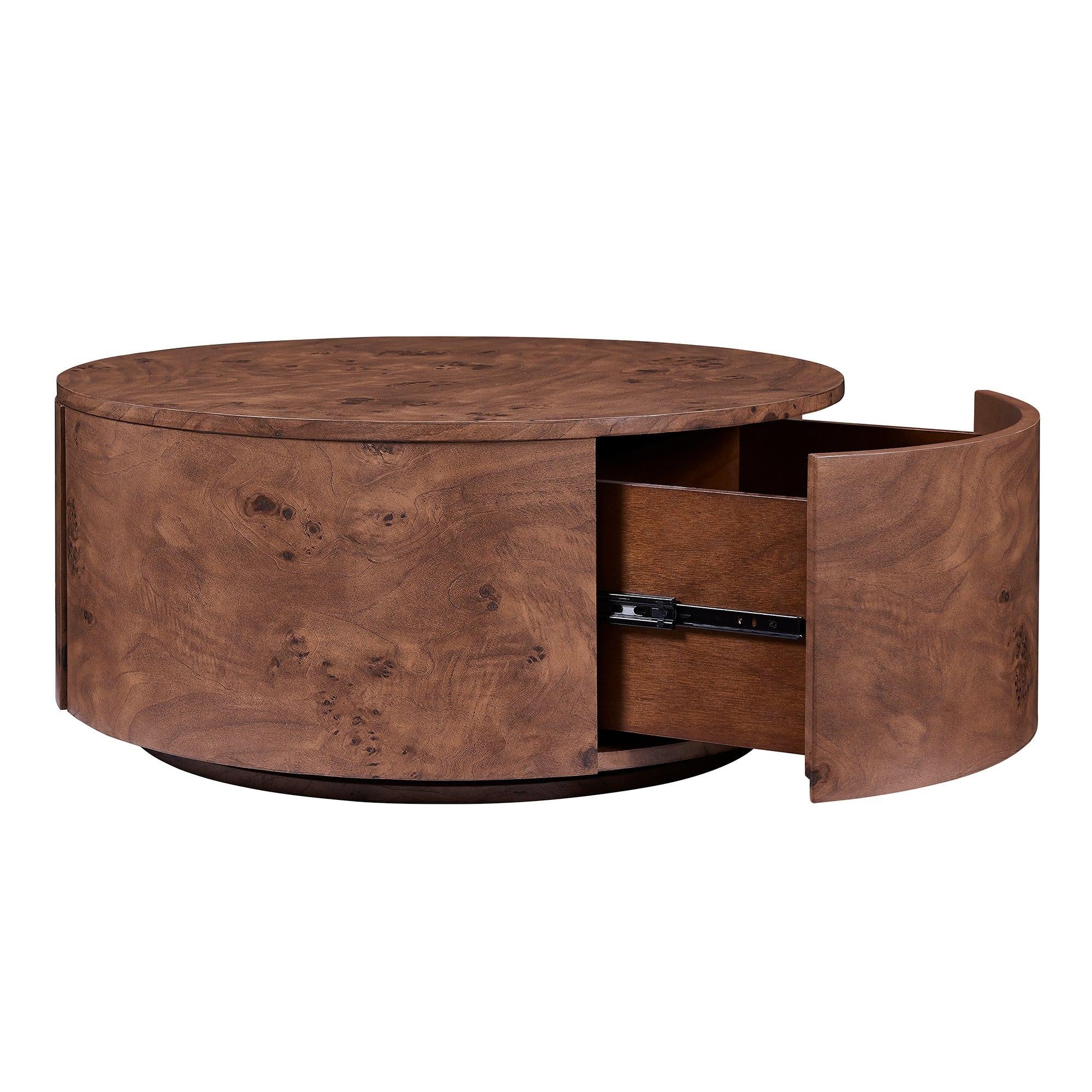 Burl Wood Coffee Table with Drawers - 360° Rotating Top.