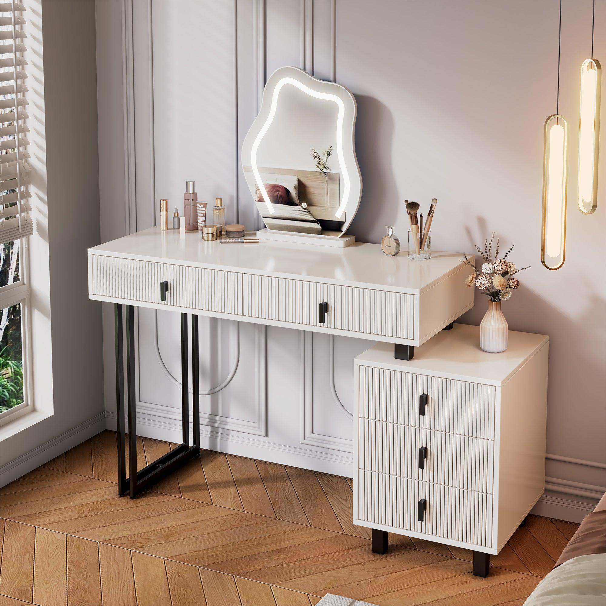 Adjustable Length Vanity with LED Mirror - Modern Makeup Table.