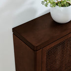 Top view of walnut Mid Century Rattan Sideboard Cabinet showing smooth curved edge and wood grain texture.
