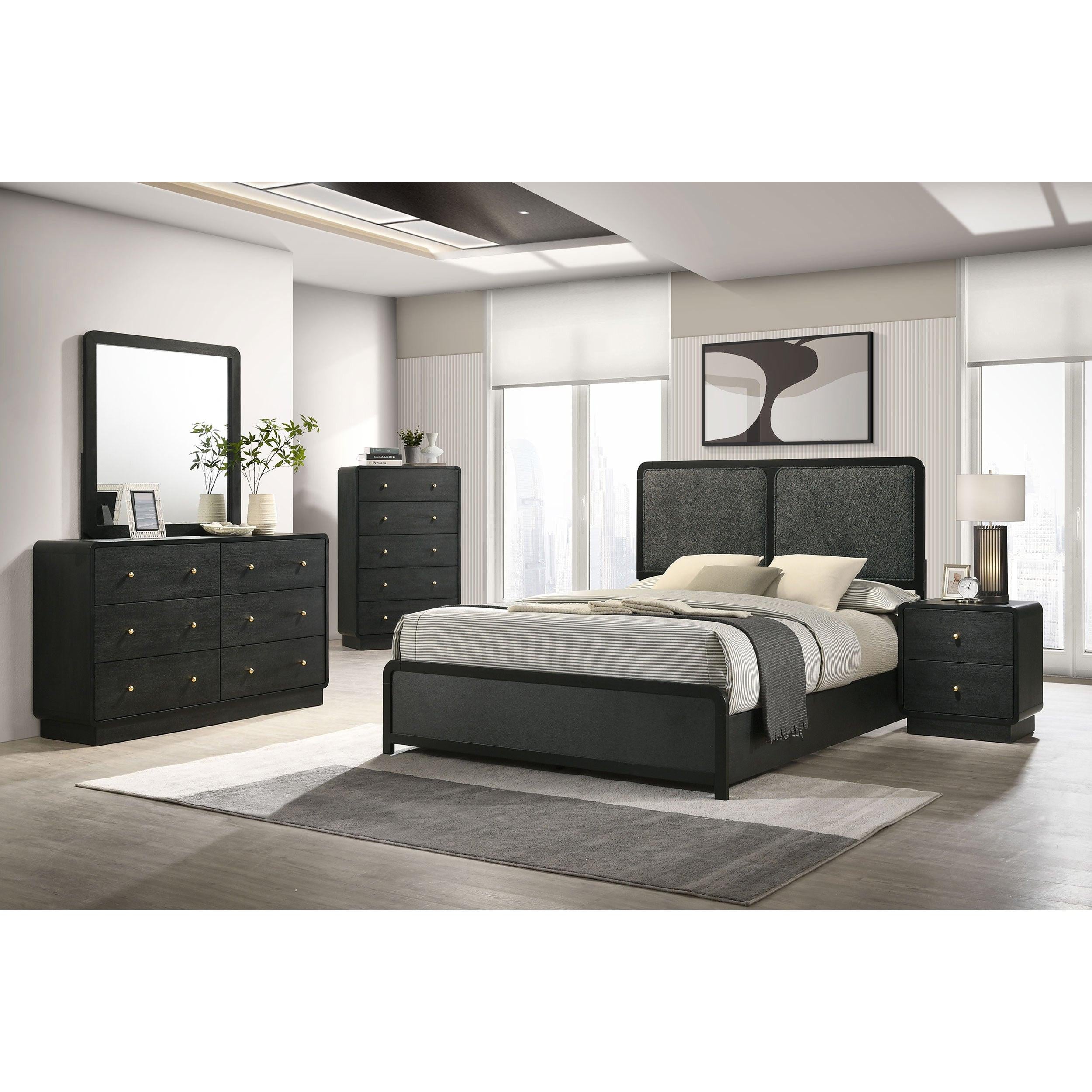 Burton Black Upholstered Queen Bed - Modern Design.