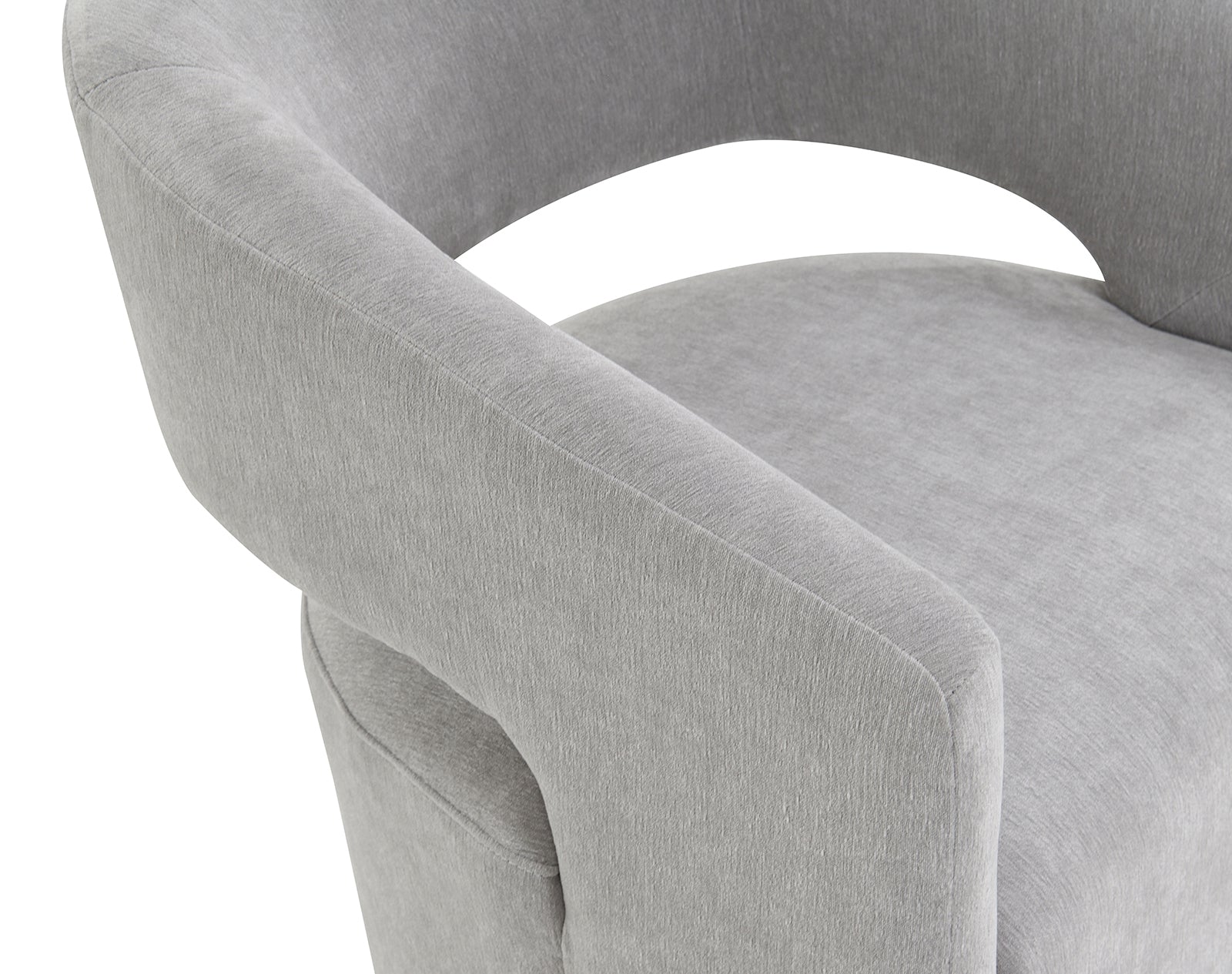 Close-up of the armrest on the contemporary gray arm chair, showcasing smooth textured upholstery and modern curved design.
