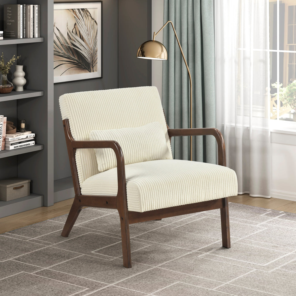 Beige Plush Corduroy Accent Chair with Solid Rubber Wood Frame