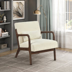 Beige Plush Corduroy Accent Chair with Solid Rubber Wood Frame