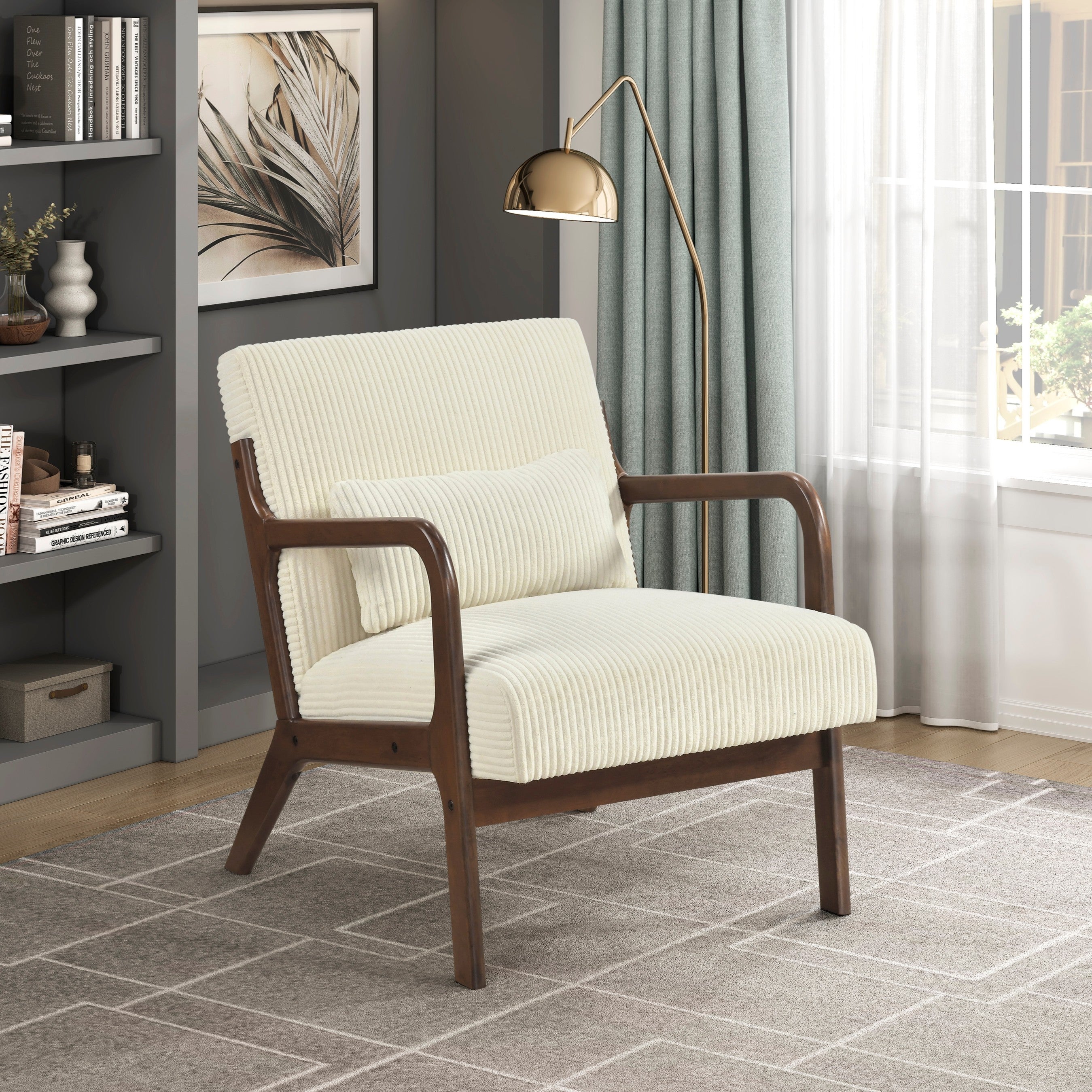 Beige Plush Corduroy Accent Chair with Solid Rubber Wood Frame
