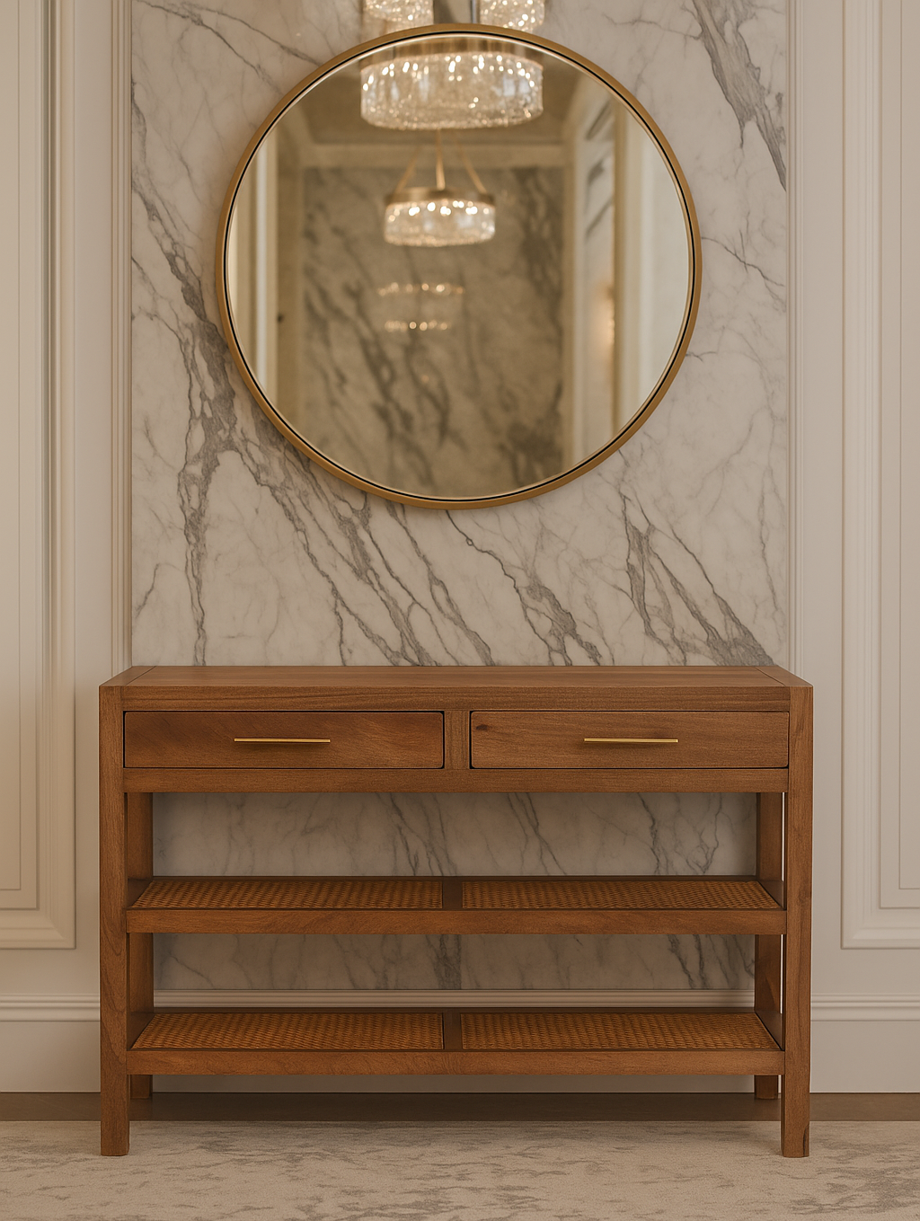 Solid Wood Woven Tier Console,Brown,2-Drawers,2-Shelf