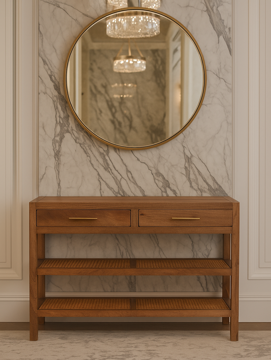 Solid Wood Woven Tier Console,Brown,2-Drawers,2-Shelf