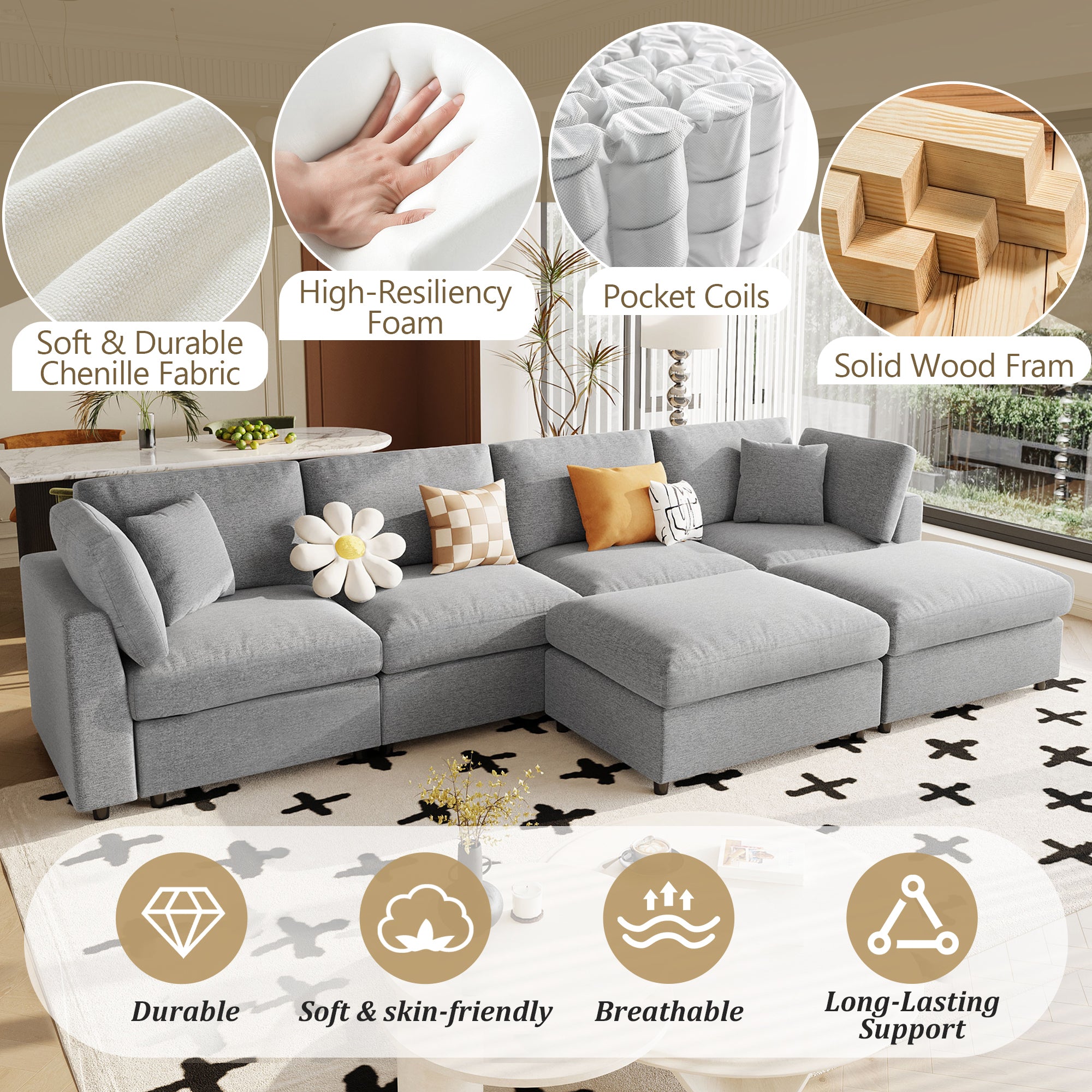 130' U-Shaped Sectional Sofa - Large & Versatile with chenille fabric, high-resiliency foam, and solid wood frame for comfort and durability.