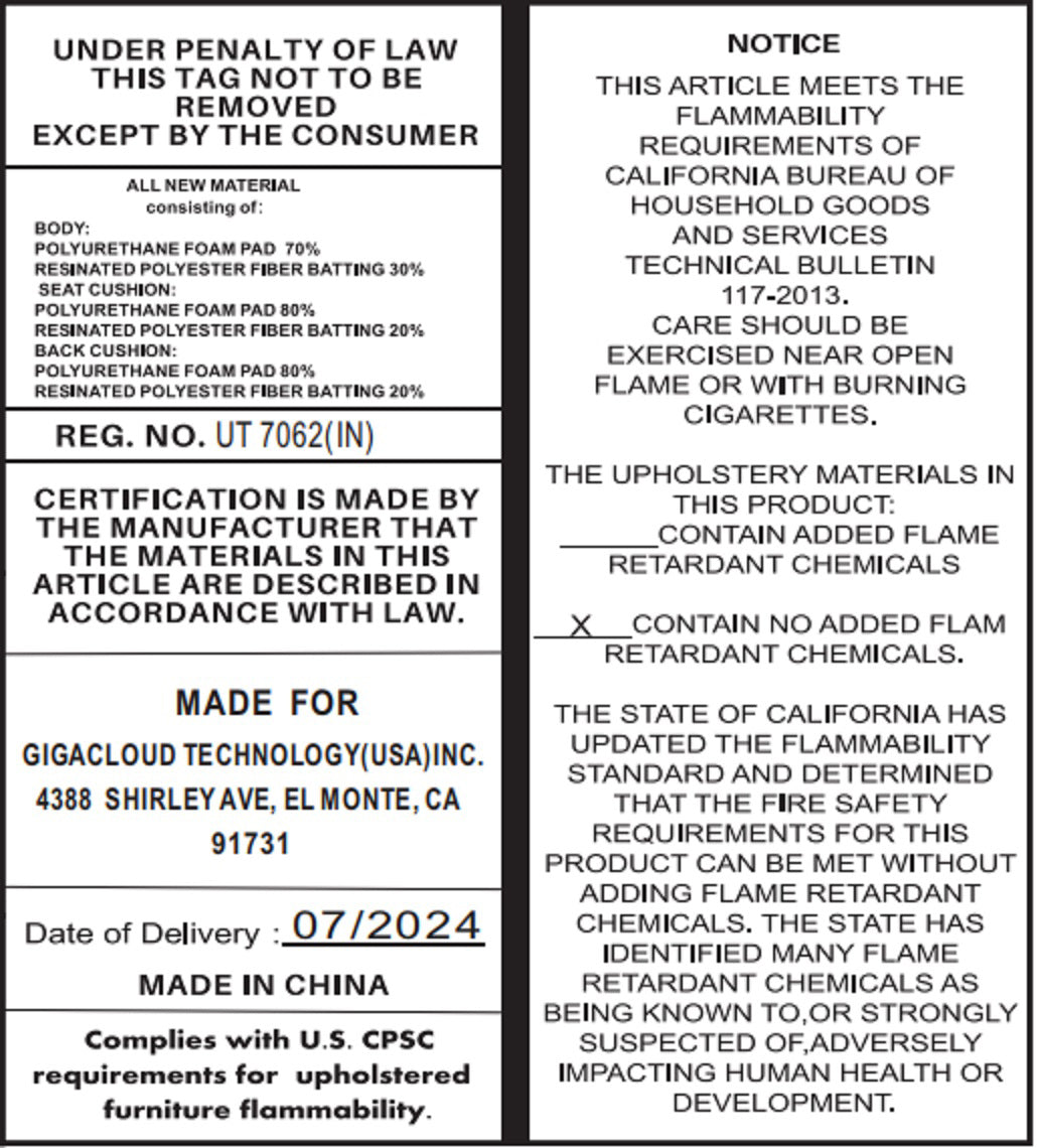 Product label for U-shaped sectional sofa with USB charger, detailing flammability standards and material compliance for safety assurance.
