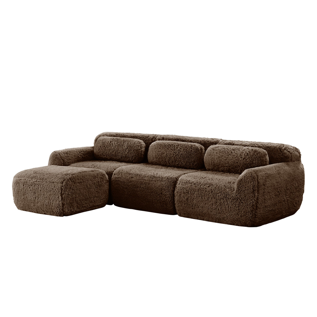 Side view of chocolate plush modular sofa with non-slip base and ottoman, ideal for modern and versatile home interiors.