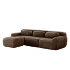 Side view of chocolate plush modular sofa with non-slip base and ottoman, ideal for modern and versatile home interiors.