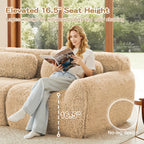 Woman reading on 2-seater modular sofa with 16.5-inch elevated seat height and legless design for easy cleaning and safety.