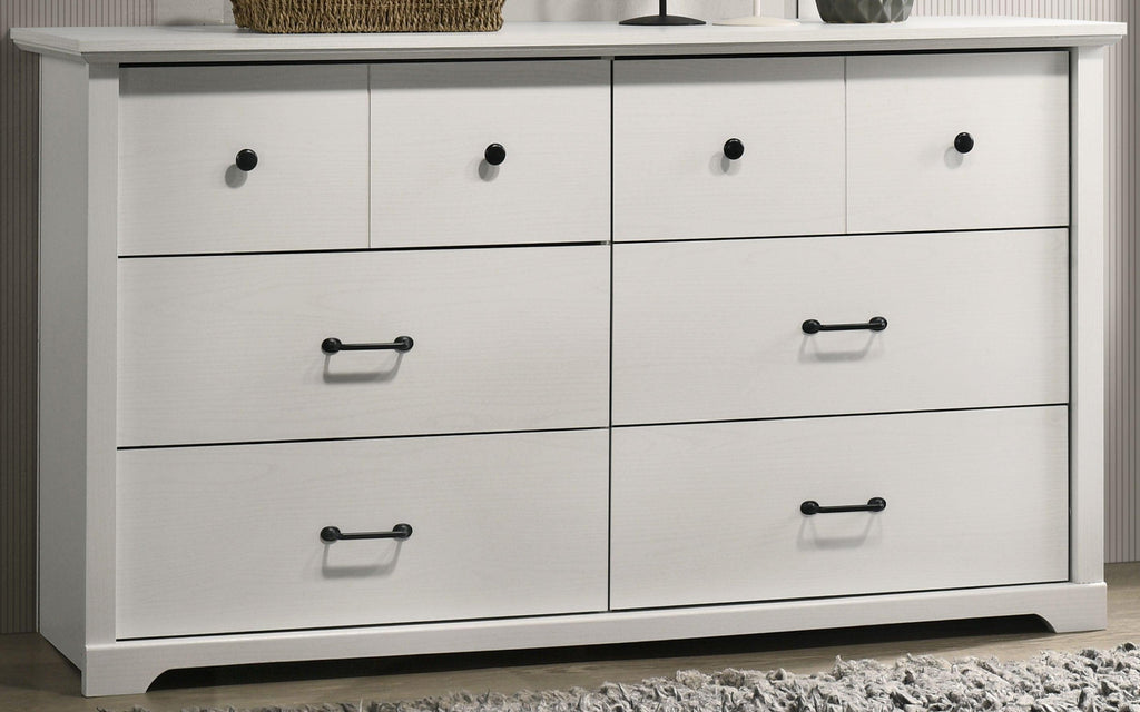 Elara White 6-Drawer Dresser with Black Handles.