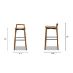 Front and side dimensions of Sven 30' modern low back wood barstool in dark brown with 30-inch seat height and 35-inch total height.