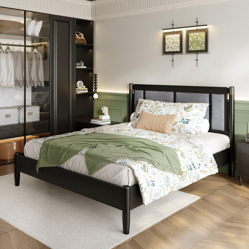 Solid Wood Queen Bed - Heavy Duty, Support 500 lbs - Black Headboard.