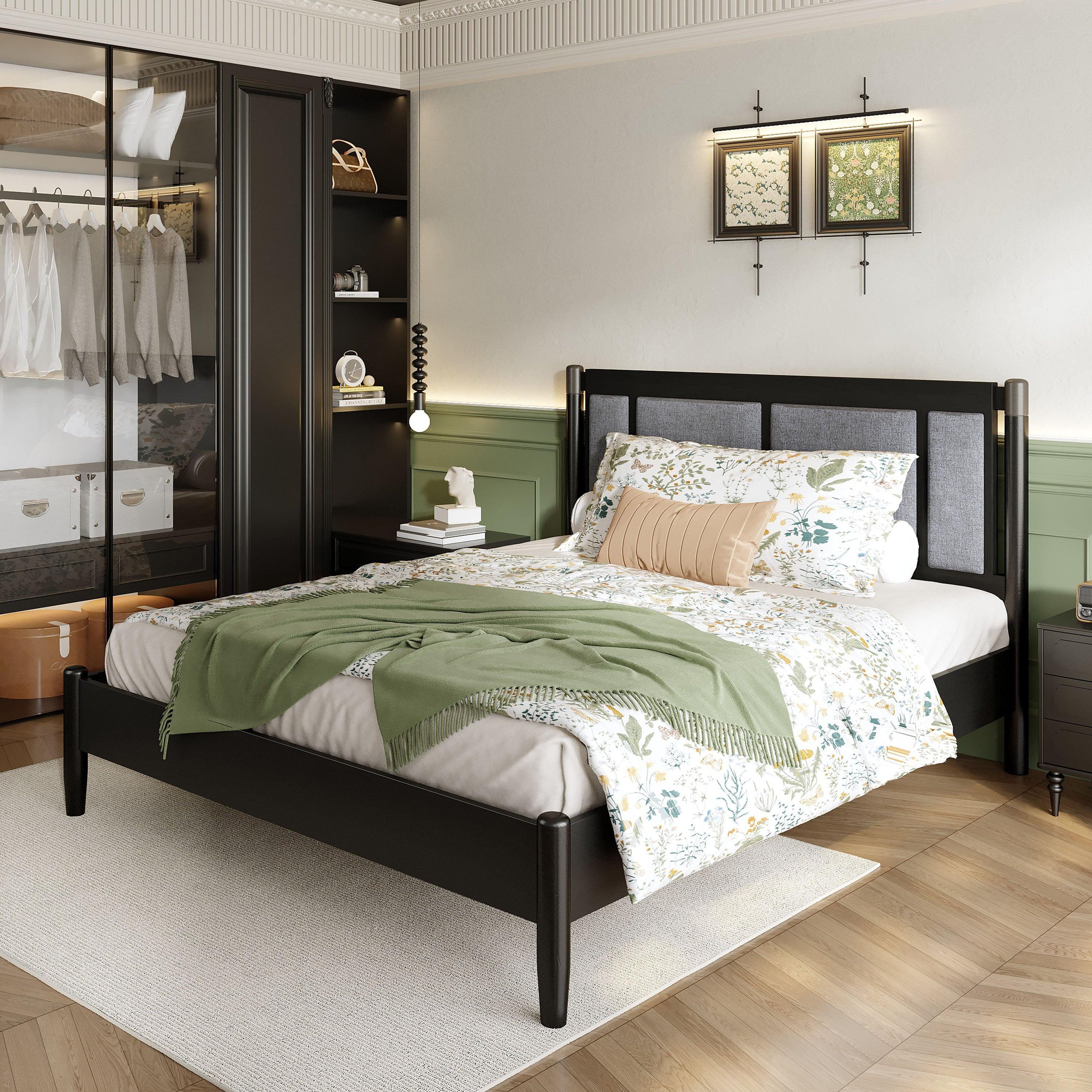 Solid Wood Queen Bed - Heavy Duty, Support 500 lbs - Black Headboard.