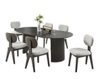Oval gray oak dining set with fluted pedestal base and six cushioned chairs, showcasing contemporary style and seating for six.
