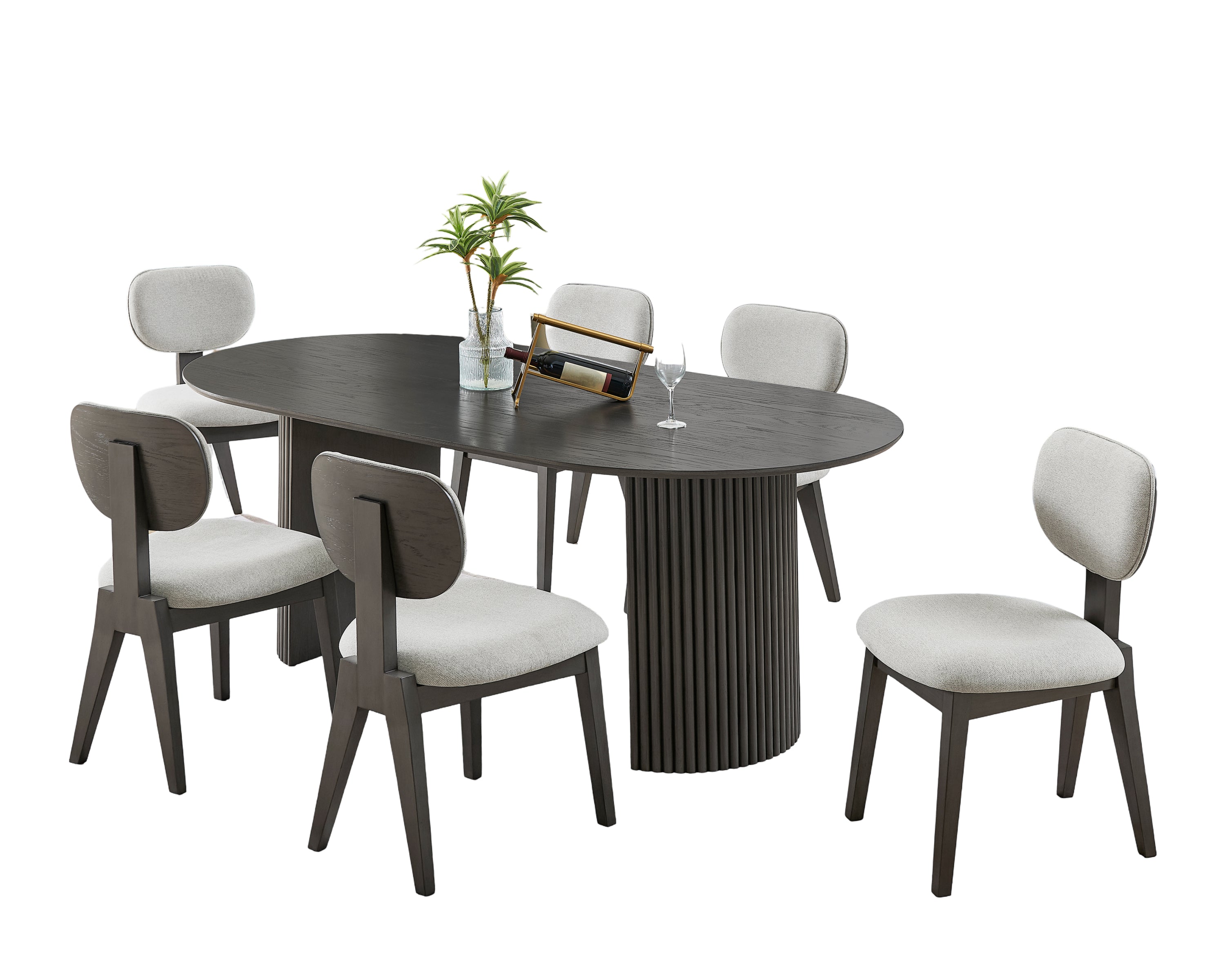 Oval gray oak dining set with fluted pedestal base and six cushioned chairs, showcasing contemporary style and seating for six.