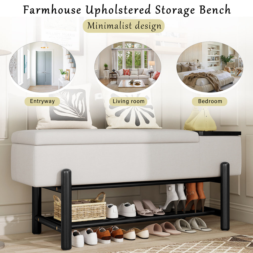 TREXM Farmhouse Upholstered Storage Bench with Hidden Compartment, Modern Entryway Bench for Living Room, Entryway, and Hallways (Black)