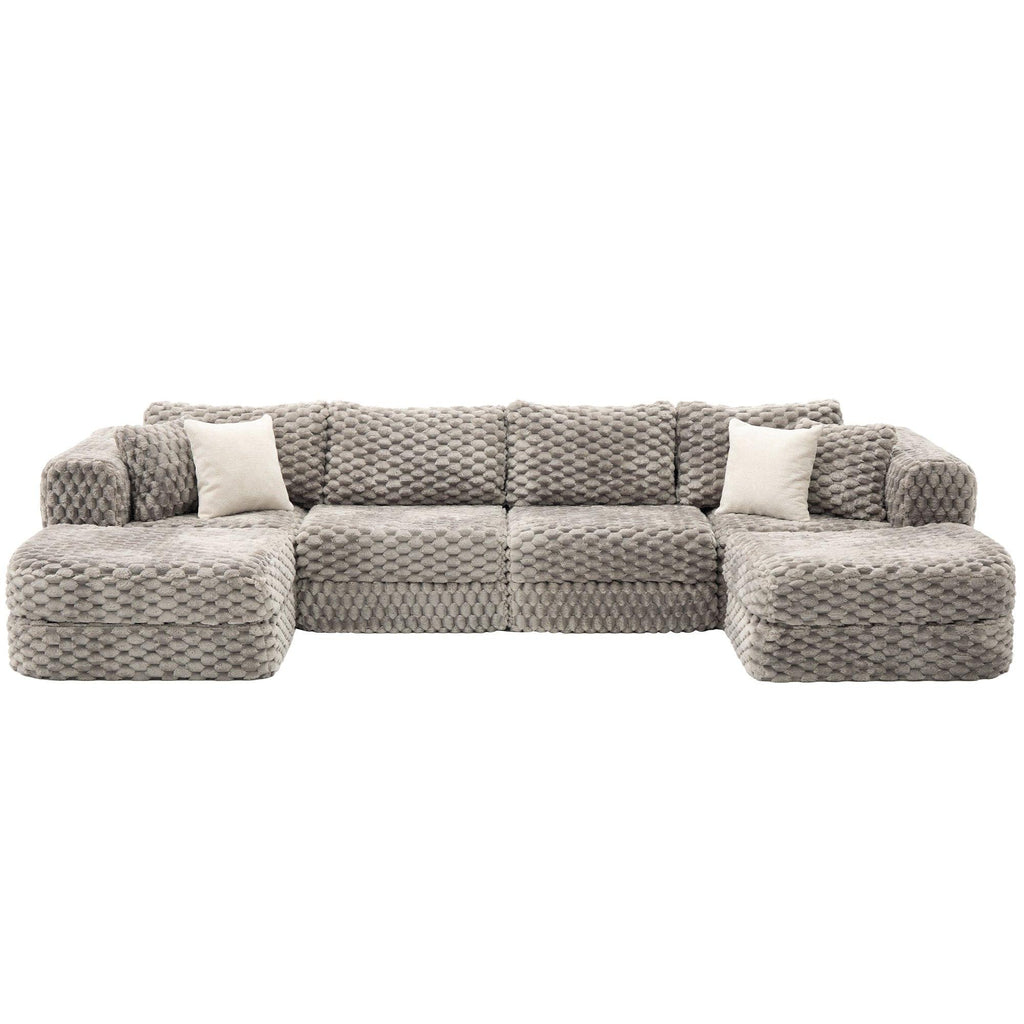 Modular Sectional Sofa Grey Bubble Velvet with Movable Ottomans.
