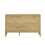 Back view of modern sideboard cabinet with wood grain finish and central support leg, ensuring stability and durability.