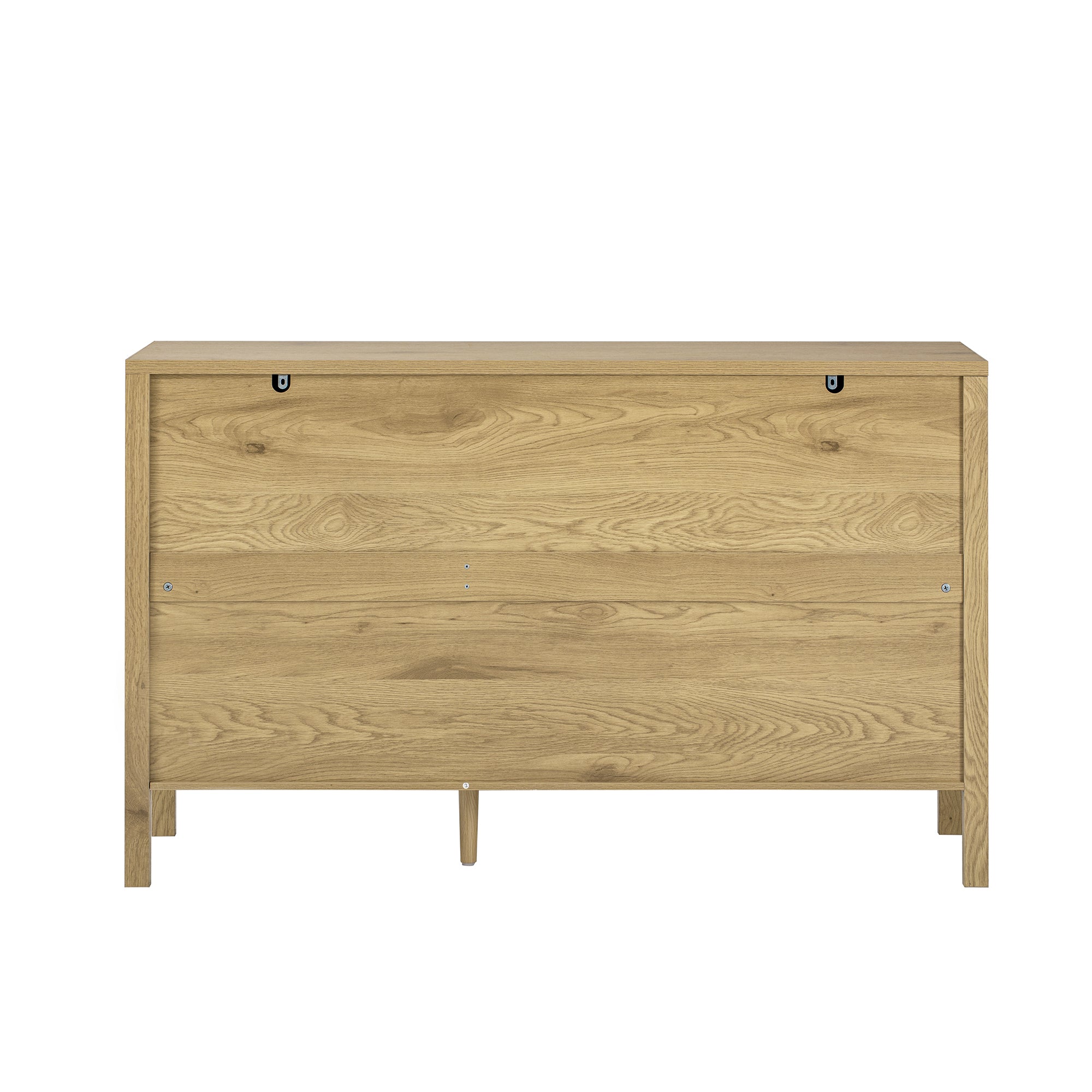 Back view of modern sideboard cabinet with wood grain finish and central support leg, ensuring stability and durability.