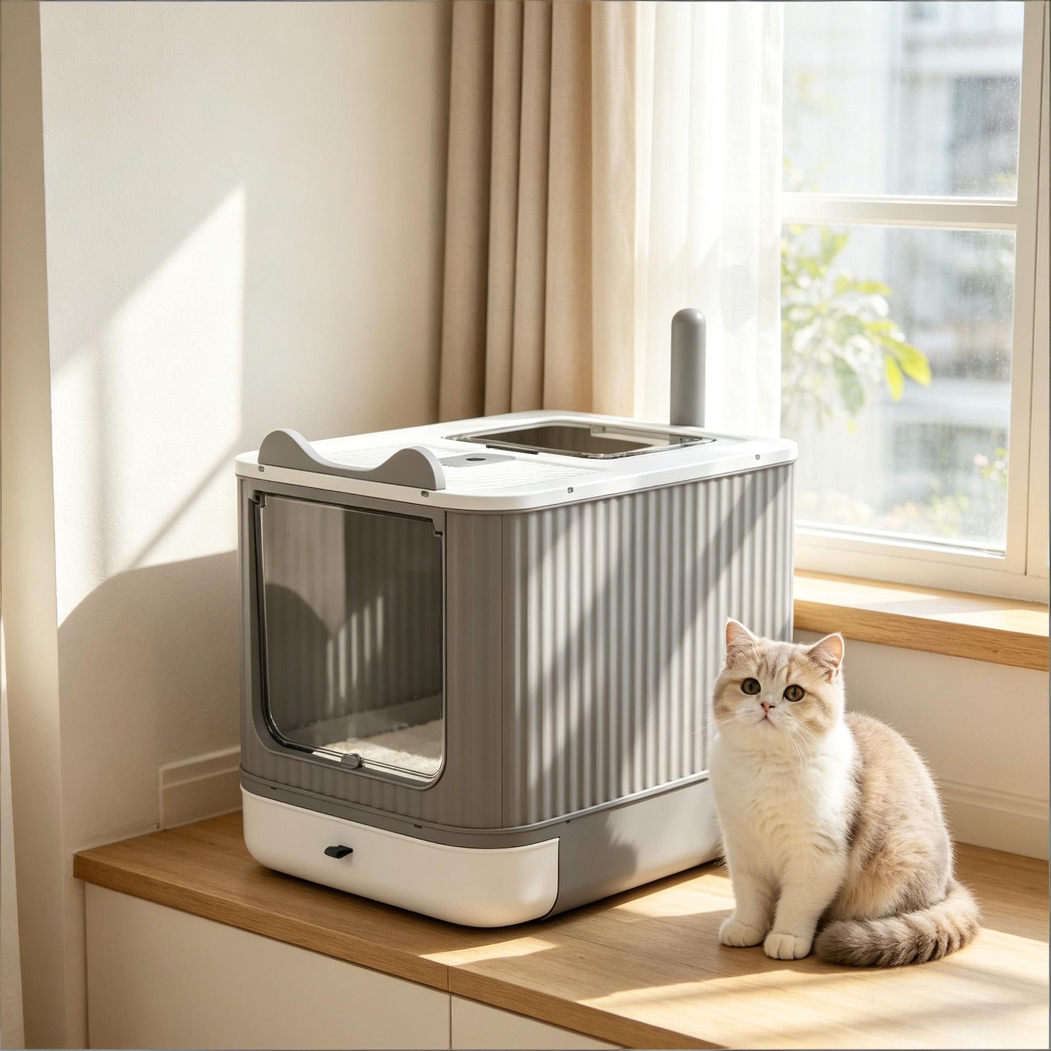 Enclosed Modern Litter Box with Slide-Out Tray in White and Gray