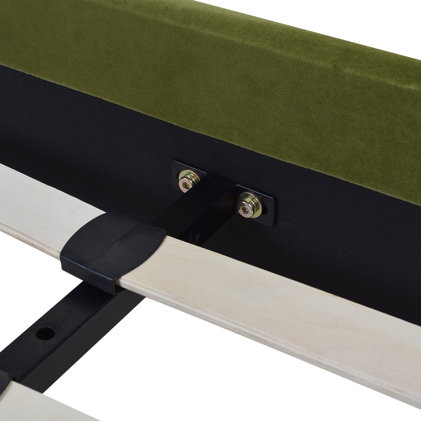 Detail of Aspen Olive Green Velvet King Bed Set's internal frame connection, showing metal support and slat attachment.