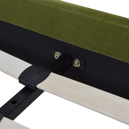 Detail of Aspen Olive Green Velvet King Bed Set's internal frame connection, showing metal support and slat attachment.