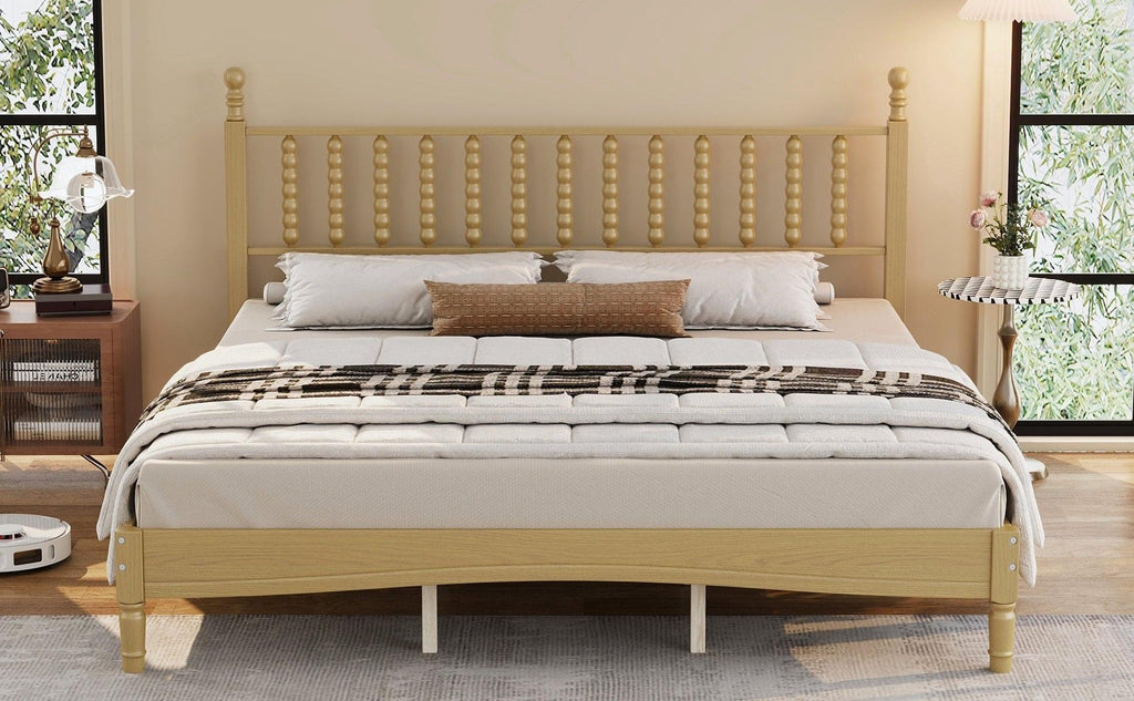 King Size Wood Platform Bed Featuring a Gourd Shaped Headboard.