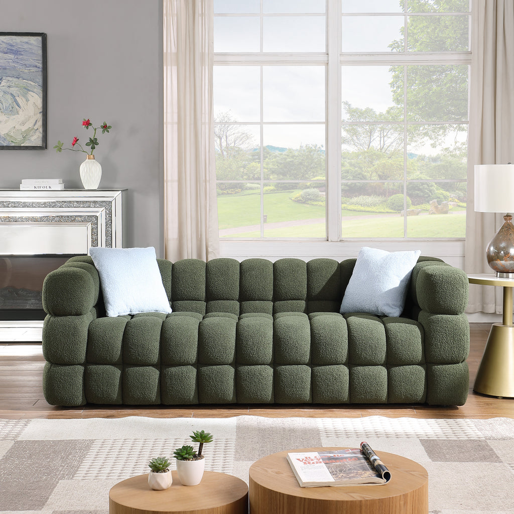 Olive Green Boucle Sofa - 3 Seater, Marshmallow Cozy design in a modern living room with large windows and light decor.