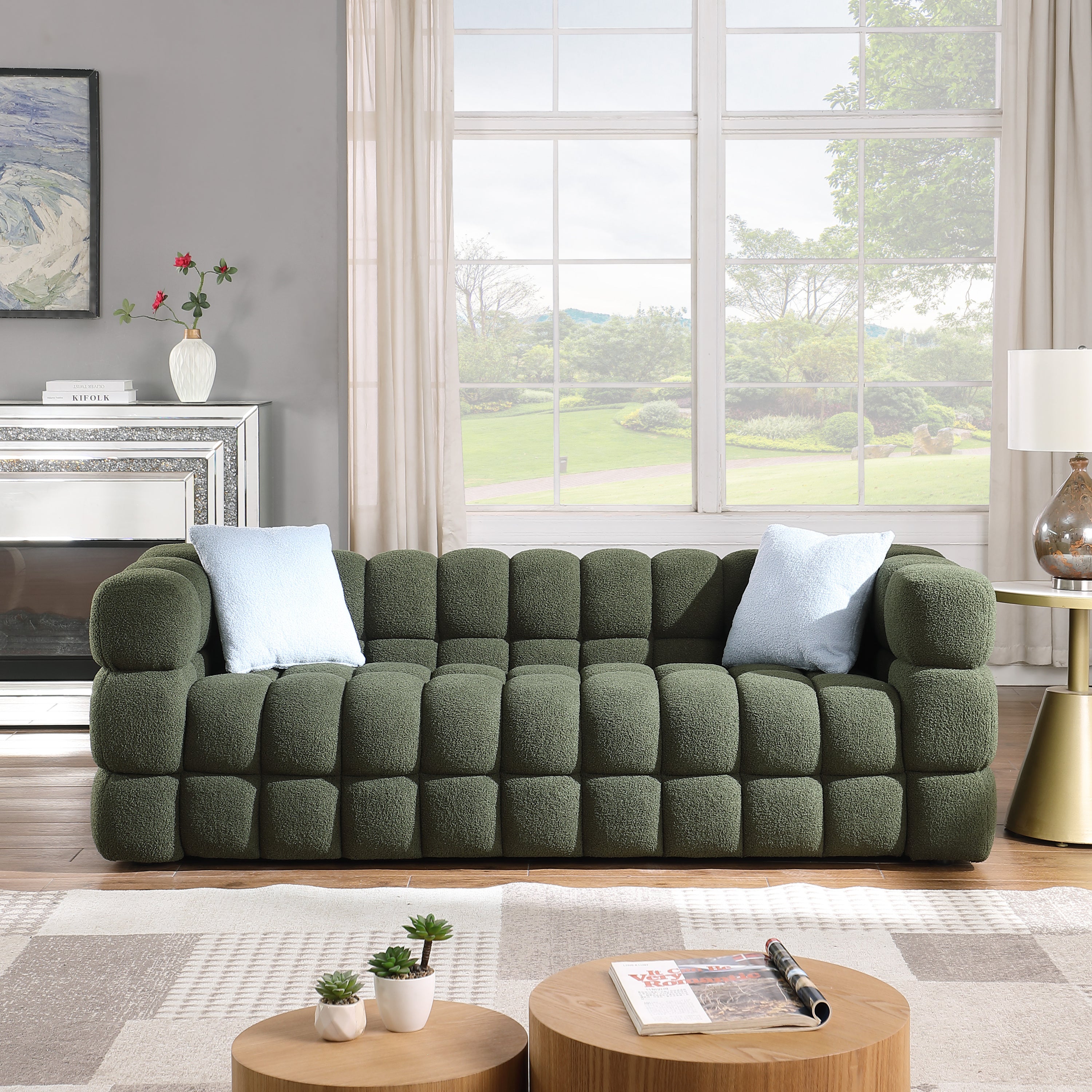 Olive Green Boucle Sofa - 3 Seater, Marshmallow Cozy design in a modern living room with large windows and light decor.