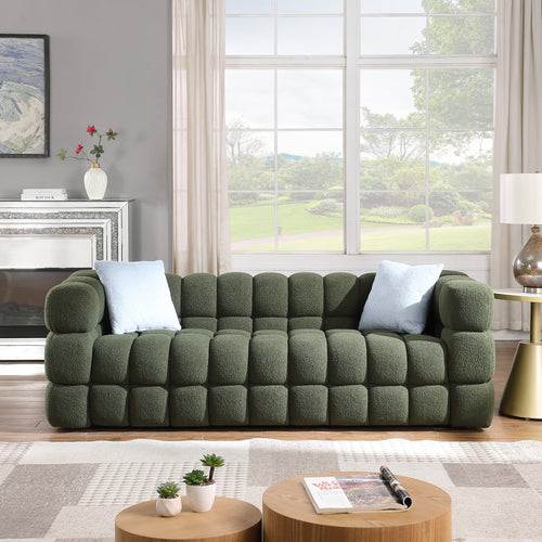 Olive Green Boucle Sofa - 3 Seater, Marshmallow Cozy design in a modern living room with large windows and light decor.